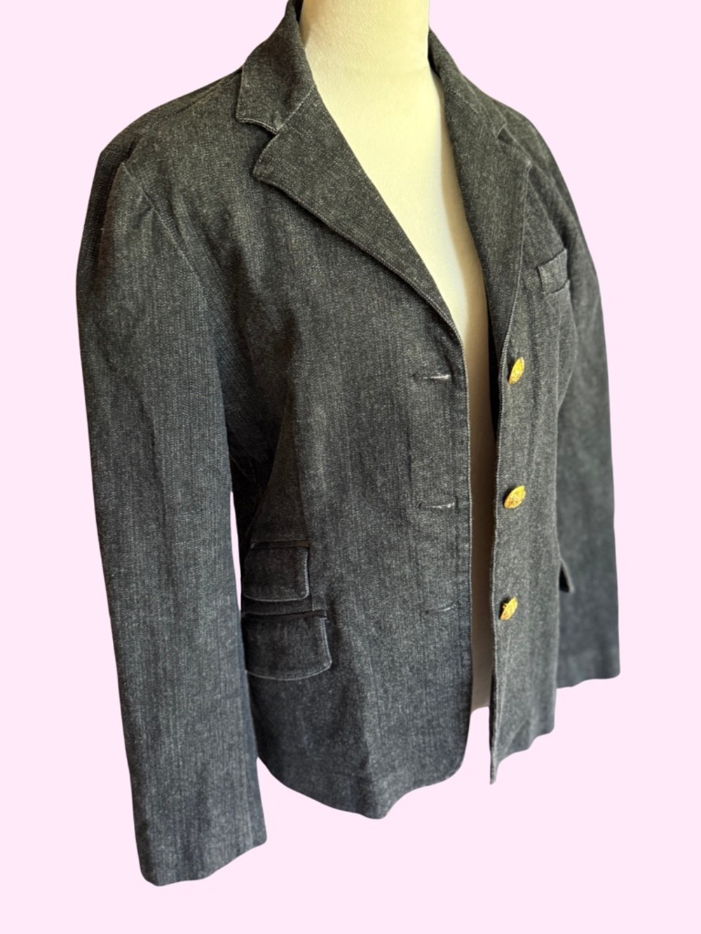 Vintage Ralph Lauren Black Denim Equestrian Blazer Gold Crest Buttons 14 fits L - Picture 5 of 9